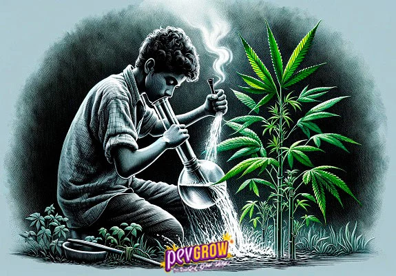Ilustración de una persona inclinada sobre un bong del que sale humo, mientras cae agua junto a una planta de cannabis; logotipo Pevgrow al pie.