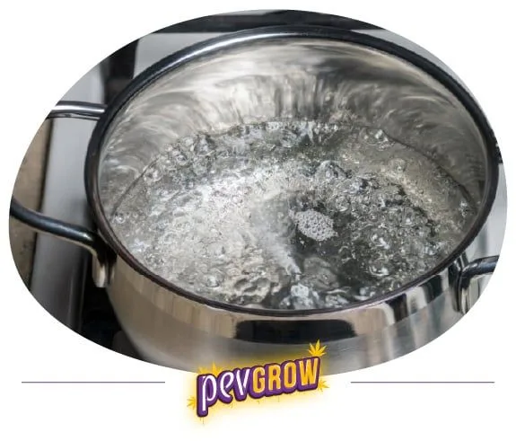 Olla metálica con agua burbujeante sobre una cocina, vista desde arriba y enmarcada en un óvalo.