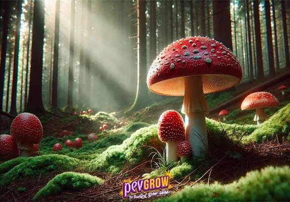 Setas de sombrero rojo con manchas blancas entre musgo, junto a troncos de un bosque atravesado por rayos de luz. Setas de sombrero rojo con manchas blancas entre musgo, junto a troncos de un bosque atravesado por rayos de luz.