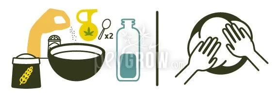 Ilustración de ingredientes y utensilios para preparar masa, junto a dos manos amasando dentro de un círculo. Ilustración de ingredientes y utensilios para preparar masa, junto a dos manos amasando dentro de un círculo.