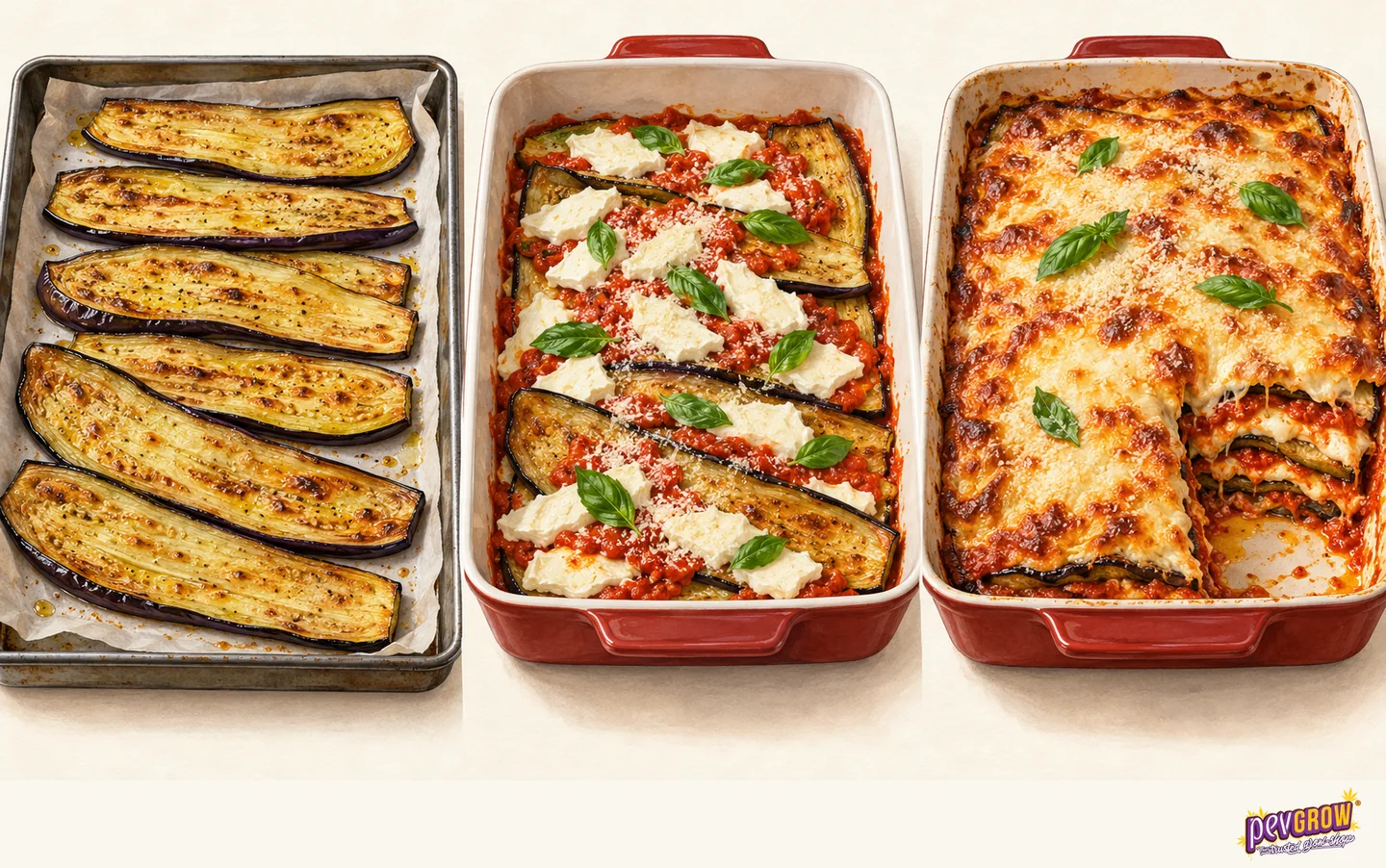 Proceso de berenjenas al horno: rodajas asadas, montaje con tomate, queso y hojas verdes, y plato gratinado con una porción retirada. Proceso de berenjenas al horno: rodajas asadas, montaje con tomate, queso y hojas verdes, y plato gratinado con una porción retirada.