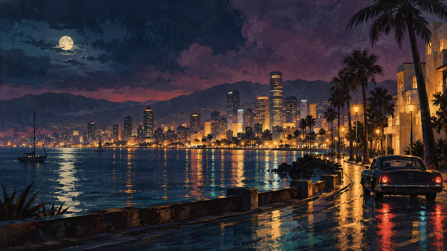 Ilustración nocturna de una ciudad costera con edificios iluminados, palmeras y un coche en una carretera mojada junto al mar. Ilustración nocturna de una ciudad costera con edificios iluminados, palmeras y un coche en una carretera mojada junto al mar.