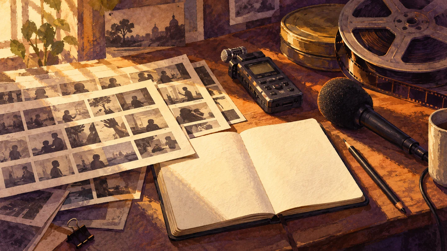 Ilustración de una mesa con fotografías, un cuaderno abierto en blanco, una grabadora, un micrófono y bobinas de película. Ilustración de una mesa con fotografías, un cuaderno abierto en blanco, una grabadora, un micrófono y bobinas de película.