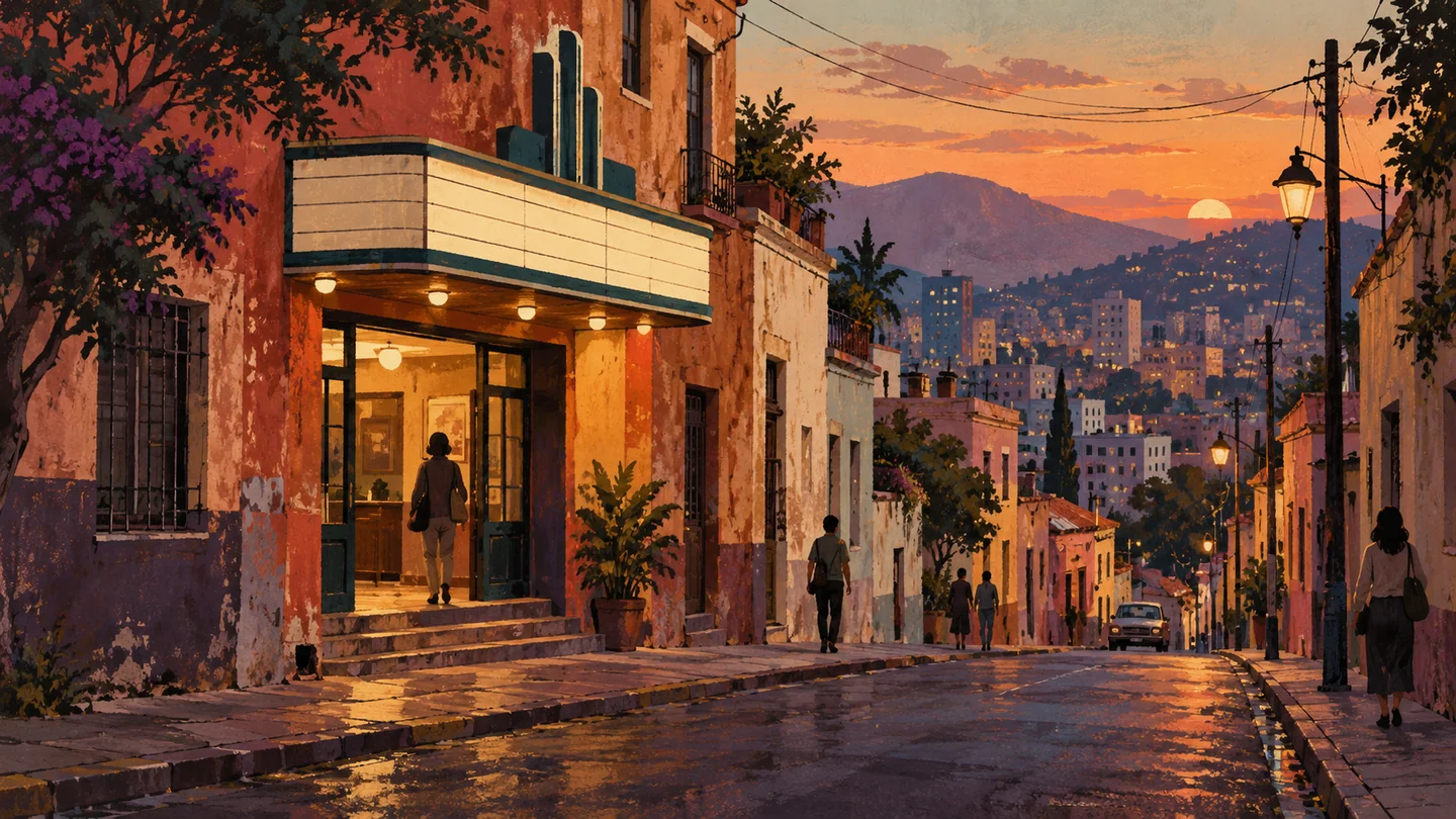 Calle en pendiente al atardecer, con un cine iluminado, peatones y edificios entre montañas al fondo. Calle en pendiente al atardecer, con un cine iluminado, peatones y edificios entre montañas al fondo.
