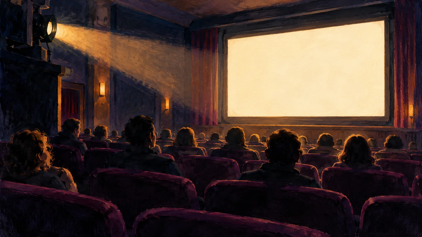 Sala de cine con espectadores en butacas rojas, una gran pantalla iluminada y el haz del proyector visible. Sala de cine con espectadores en butacas rojas, una gran pantalla iluminada y el haz del proyector visible.