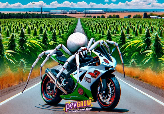 Ilustración de una araña blanca gigante sobre una moto deportiva en una carretera entre campos de cannabis, con logotipo de Pevgrow. Ilustración de una araña blanca gigante sobre una moto deportiva en una carretera entre campos de cannabis, con logotipo de Pevgrow.