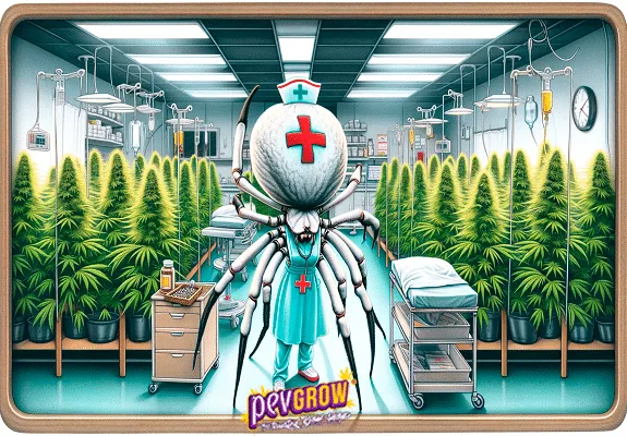Ilustración de una araña vestida de enfermera entre hileras de cannabis, con luces, soportes de suero y un carrito de instrumental. Ilustración de una araña vestida de enfermera entre hileras de cannabis, con luces, soportes de suero y un carrito de instrumental.