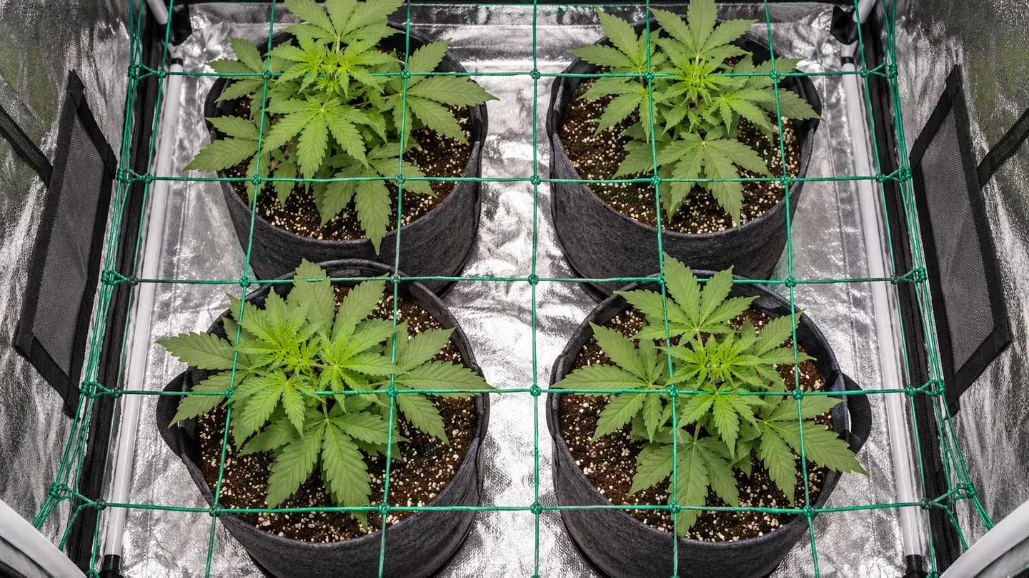 Vista cenital de un armario de cultivo con cuatro plantas jóvenes en macetas de tela bajo una malla verde
