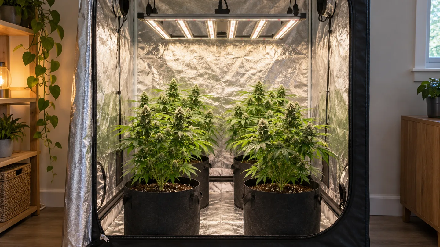 Armario de cultivo abierto con interior reflectante, una lámpara LED de barras y cuatro plantas de cannabis en macetas de tela
