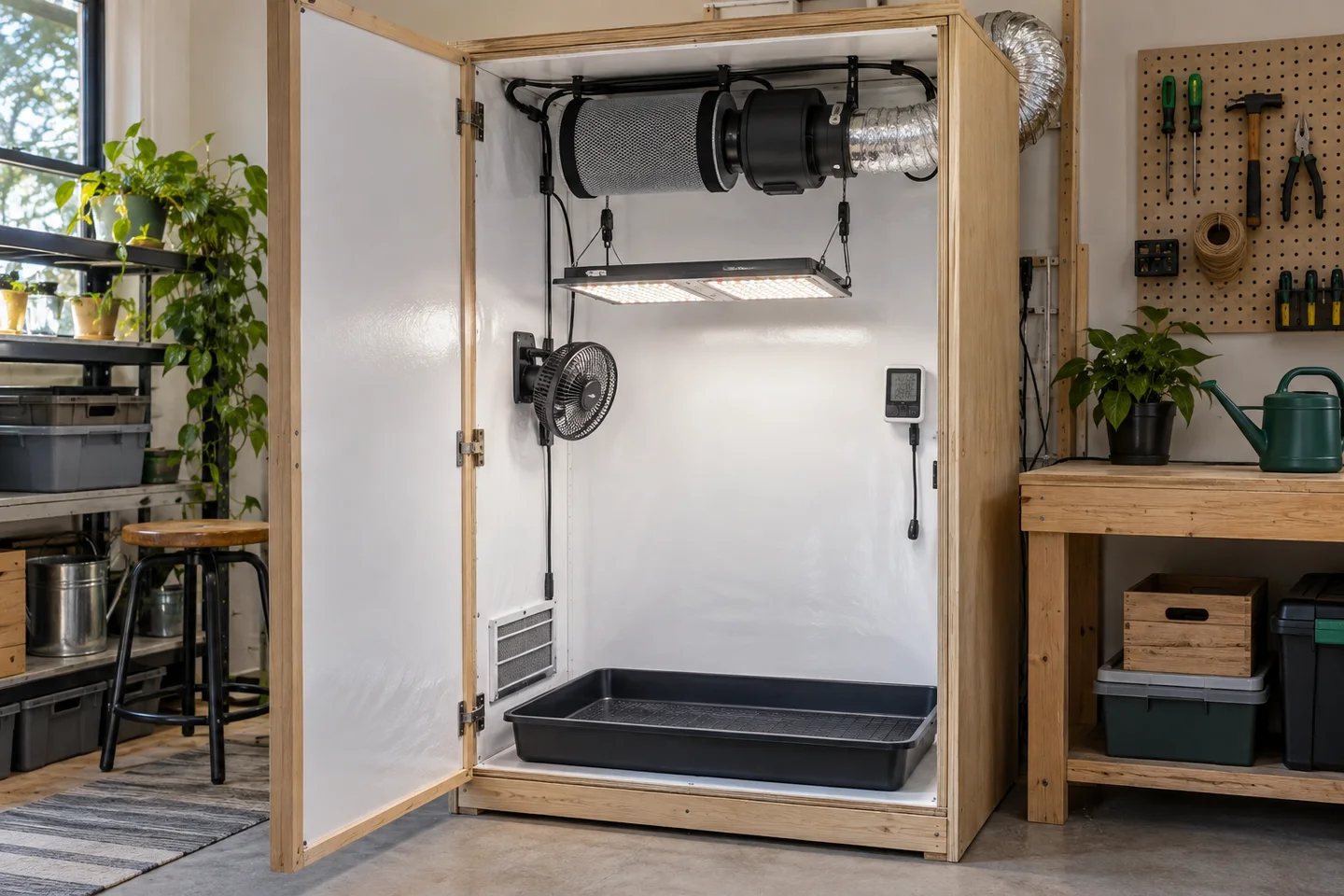 Armario de cultivo abierto con panel LED suspendido, filtro, extractor, conducto de ventilación, ventilador lateral y bandeja inferior. Armario de cultivo abierto con panel LED suspendido, filtro, extractor, conducto de ventilación, ventilador lateral y bandeja inferior.