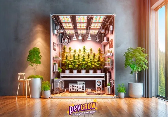 Armario de cultivo abierto con plantas en macetas, luces superiores, ventilación y equipos de control en una estancia con suelo de madera. Armario de cultivo abierto con plantas en macetas, luces superiores, ventilación y equipos de control en una estancia con suelo de madera.