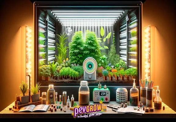 Escena ilustrada de un armario con plantas, tubos de luz y ventilador, junto a una mesa con medidor digital, frascos y cuadernos.