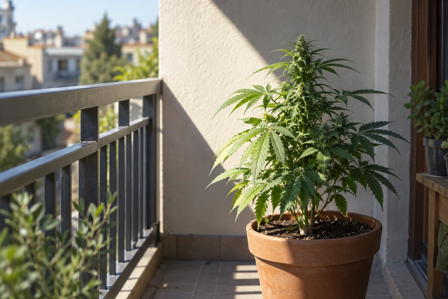 Planta de cannabis en una maceta de terracota en un balcón, con parte del follaje al sol y una pared en sombra detrás. Planta de cannabis en una maceta de terracota en un balcón, con parte del follaje al sol y una pared en sombra detrás.