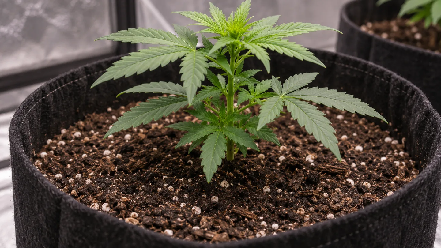 Planta joven de cannabis en una maceta de tela negra grande, con sustrato oscuro mezclado con perlita