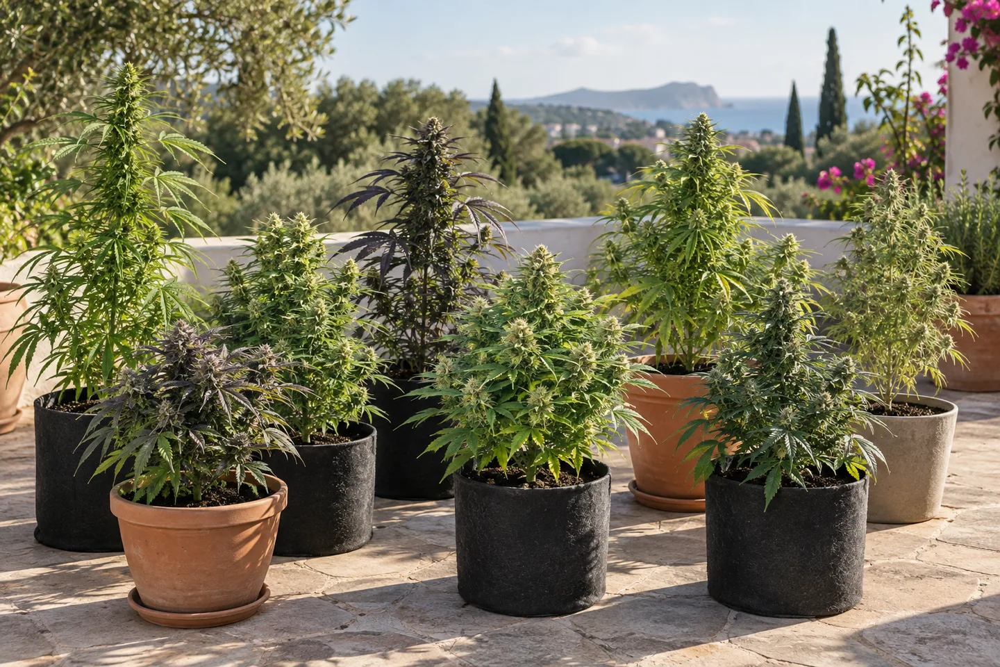 Plantas de cannabis de distintas alturas, con follaje verde y morado, en macetas sobre una terraza con vistas al mar.