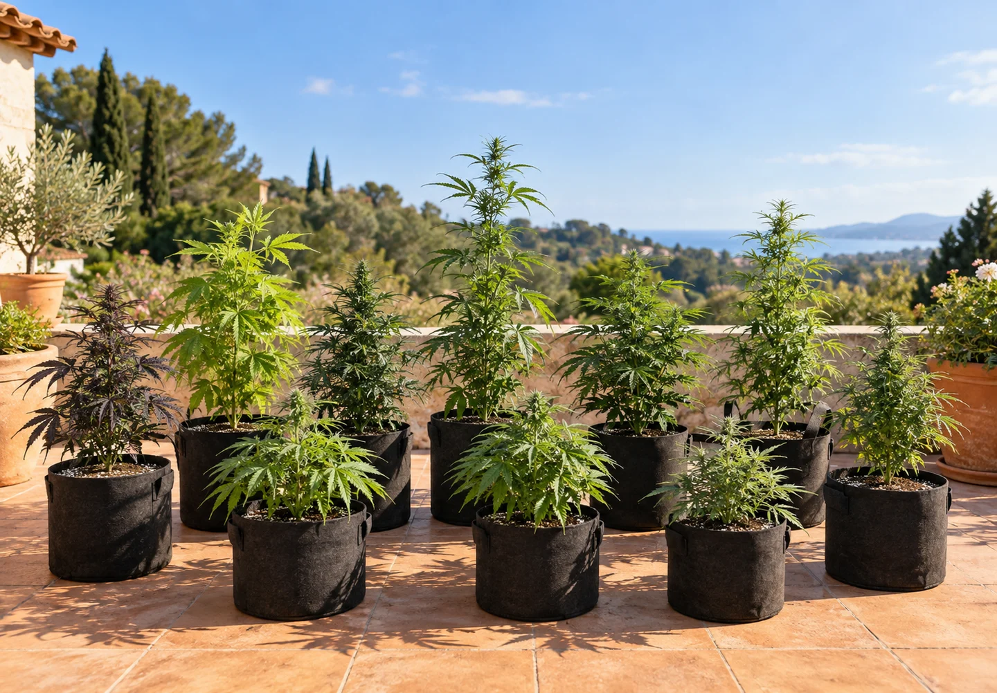 Plantas de cannabis de diferentes alturas en macetas negras sobre una terraza soleada, con árboles y el mar al fondo.