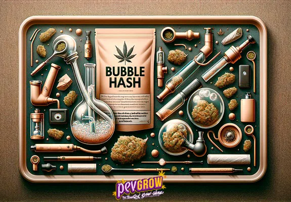 Ilustración de una bandeja con un paquete de Bubble Hash rodeado de bongs, pipas, papel de liar, cogollos y accesorios para fumar