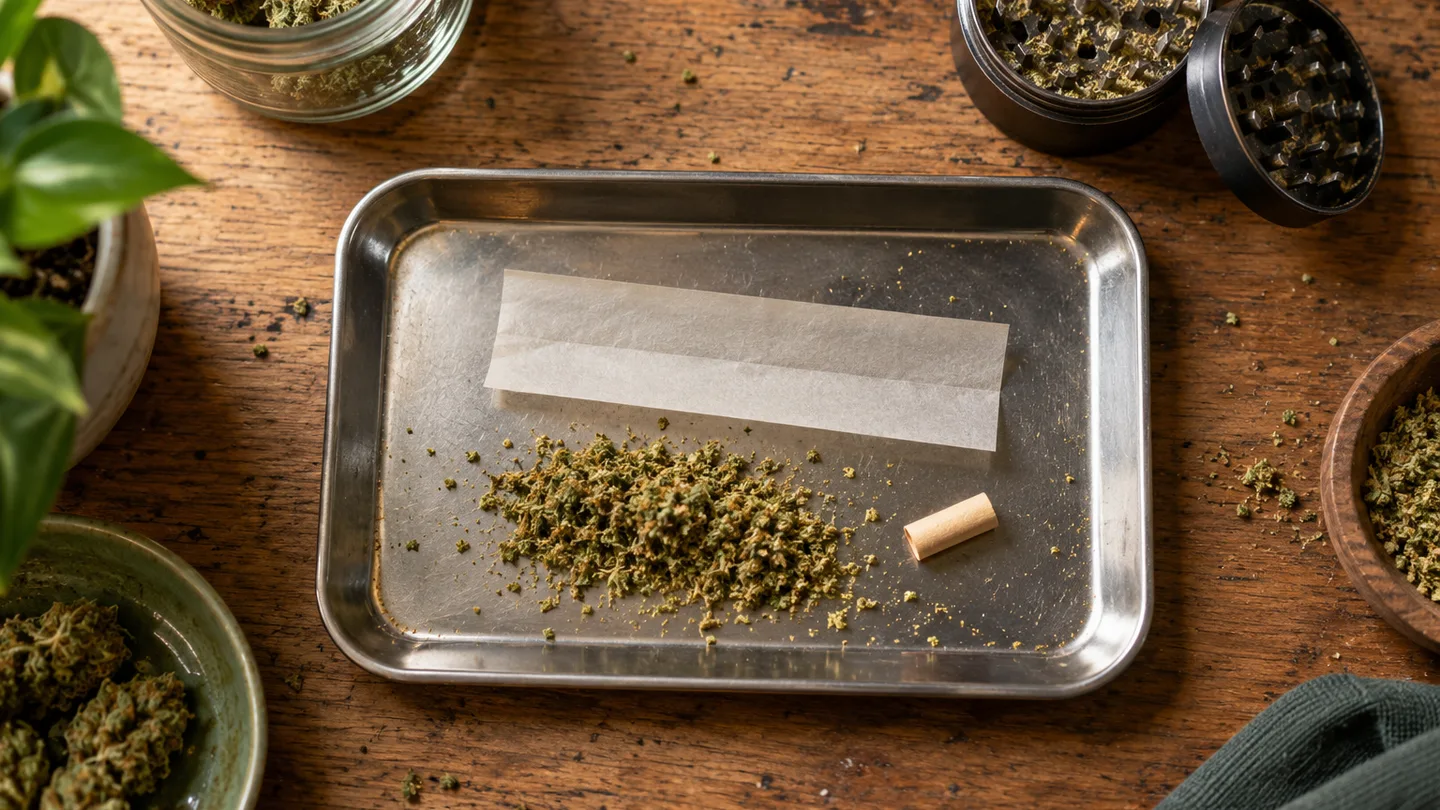 Bandeja metálica de liar con un papel, un filtro de cartón y una pizca de hierba triturada, con un grinder al lado, vista desde arriba Bandeja metálica de liar con un papel, un filtro de cartón y una pizca de hierba triturada, con un grinder al lado, vista desde arriba