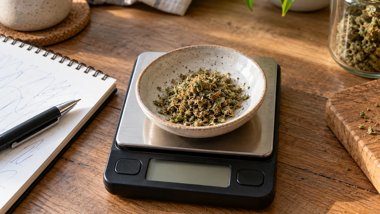 Báscula digital pequeña con un montoncito de hierba seca molida en un plato bajo, junto a una libreta con cifras y un bolígrafo sobre una mesa de madera