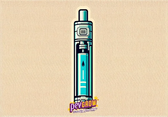 Ilustración de un dispositivo de vapeo vertical con carcasa parcialmente abierta que muestra una batería turquesa en su interior. Ilustración de un dispositivo de vapeo vertical con carcasa parcialmente abierta que muestra una batería turquesa en su interior.