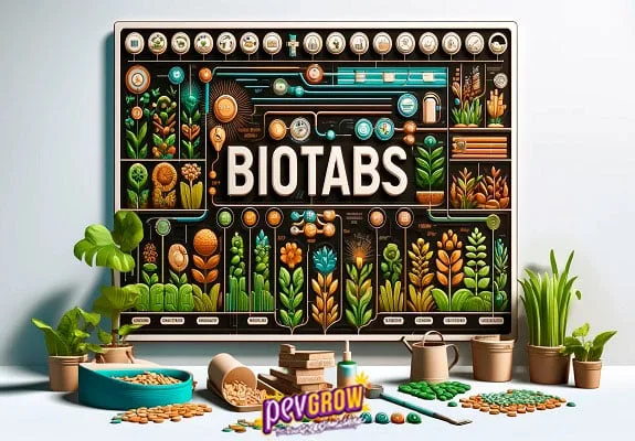 Panel decorativo con el nombre «BIOTABS» y motivos vegetales, rodeado de macetas, recipientes, pastillas y gránulos de colores.