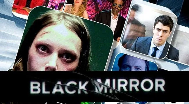 Collage de Black Mirror con rostros en recuadros inclinados y el título blanco atravesado por grietas sobre una franja negra.