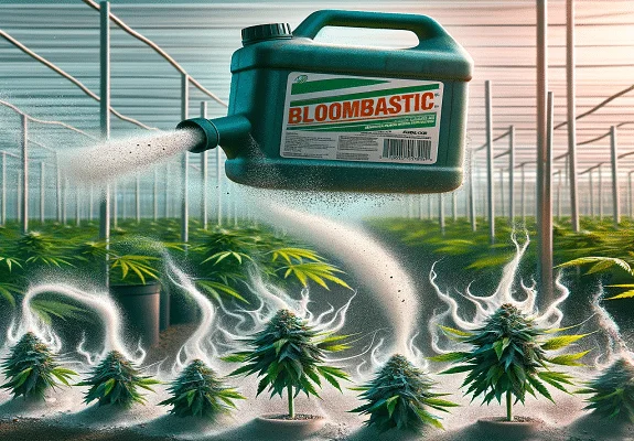 Ilustración de un bidón de Bloombastic suspendido en un invernadero, con chorros blancos que se curvan entre plantas de cannabis.