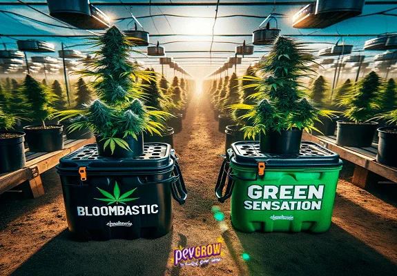 Escena ilustrada con dos plantas de cannabis sobre cajas rotuladas Bloombastic y Green Sensation en el pasillo de un invernadero. Escena ilustrada con dos plantas de cannabis sobre cajas rotuladas Bloombastic y Green Sensation en el pasillo de un invernadero.