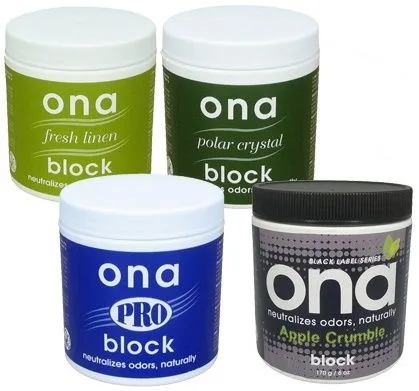 Cuatro botes de bloques ONA con etiquetas diferentes: Fresh Linen, Polar Crystal, PRO y Apple Crumble, sobre fondo blanco.