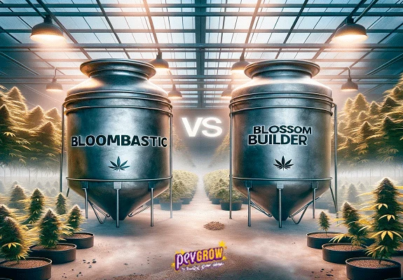 Dos grandes depósitos ilustrados con los rótulos Bloombastic y Blossom Builder y «VS» entre ambos, en un invernadero con cannabis.