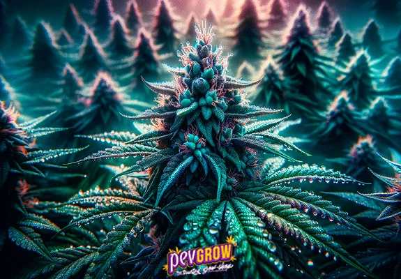 Ilustración de una flor de cannabis en primer plano, con hojas azuladas cubiertas de gotas y otras plantas desenfocadas al fondo.