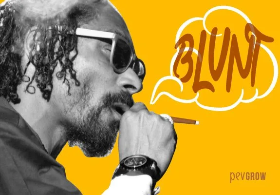 Hombre con gafas oscuras acercando un blunt a los labios, con humo alrededor de la cabeza y el texto «BLUNT» sobre fondo amarillo.
