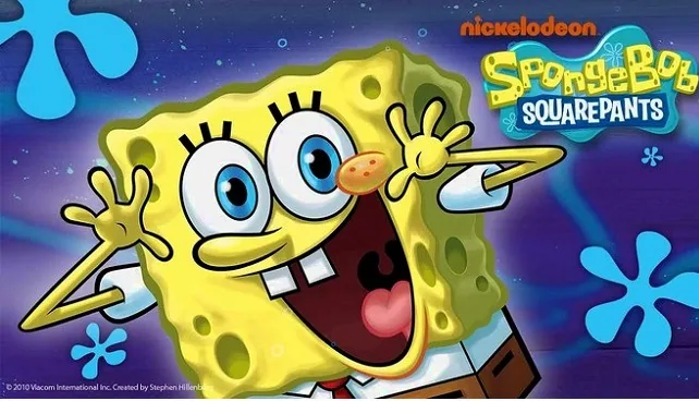 Bob Esponja sonríe con la boca abierta y las manos levantadas junto a la cara; el logotipo de la serie aparece arriba a la derecha.