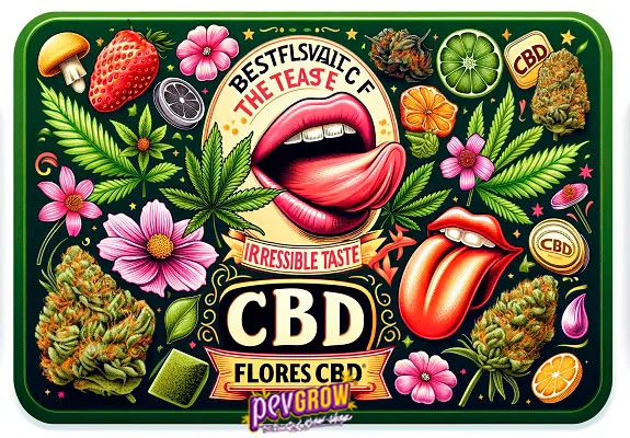 Ilustración de dos bocas con la lengua fuera, rodeadas de frutas, flores y cogollos, con los textos «CBD» y «Flores CBD». Ilustración de dos bocas con la lengua fuera, rodeadas de frutas, flores y cogollos, con los textos «CBD» y «Flores CBD».