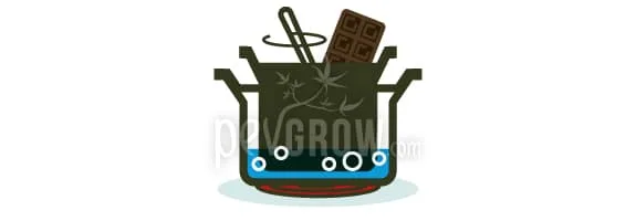 Ilustración de una olla al fuego con agua, un recipiente interior, una tableta de chocolate y un utensilio para remover.