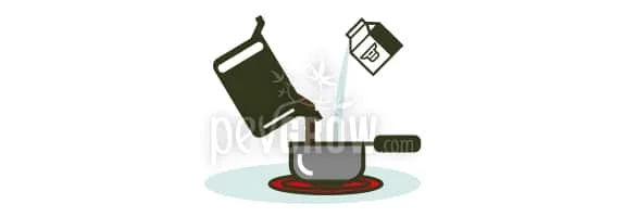 Ilustración de un recipiente inclinado y un cartón de leche vertiendo su contenido en un cazo sobre una fuente de calor.