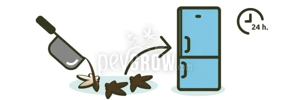 Ilustración de un cazo vertiendo chocolate en moldes con forma de hoja y una flecha hacia un frigorífico, junto a la indicación 24 h.