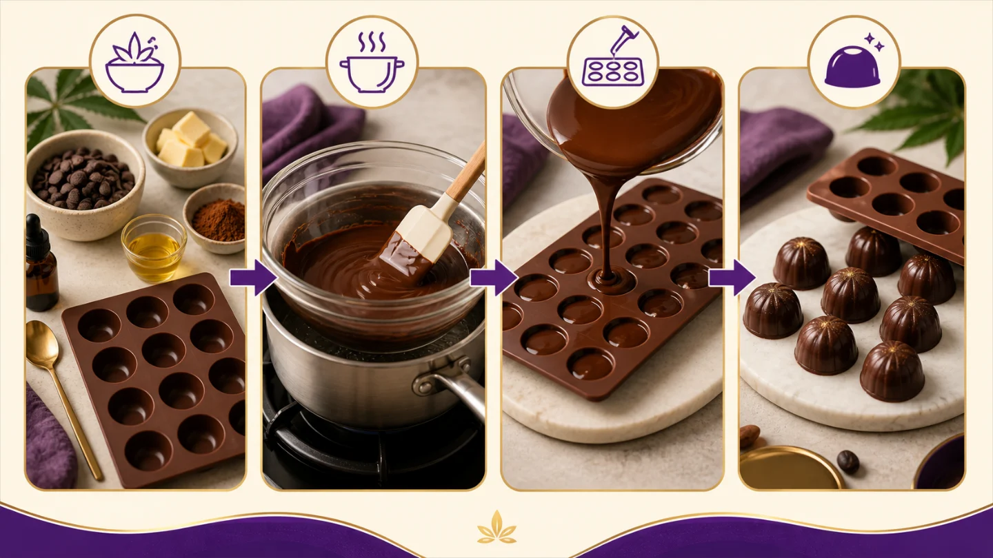 Infografía en cuatro paneles: ingredientes, chocolate al baño maría, vertido en un molde y bombones desmoldados, unidos por flechas.