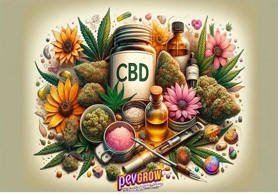 Ilustración de un bote rotulado «CBD», frascos y un cuentagotas entre cogollos, hojas de cannabis y flores amarillas y rosas. Ilustración de un bote rotulado «CBD», frascos y un cuentagotas entre cogollos, hojas de cannabis y flores amarillas y rosas.