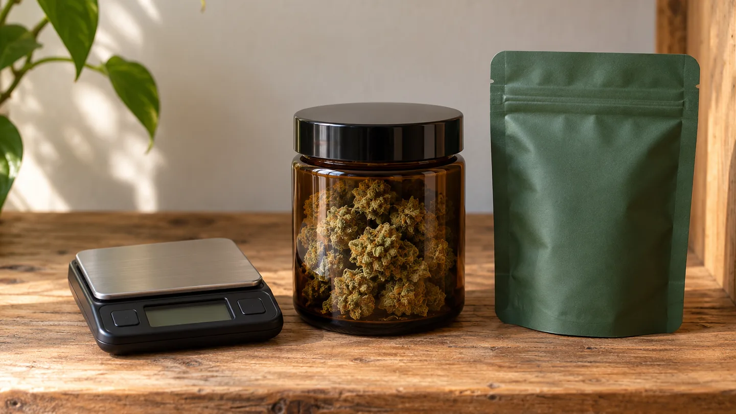 Báscula digital de precisión junto a un bote de cristal oscuro cerrado con hierba seca y una bolsa con cierre sobre una balda de madera Báscula digital de precisión junto a un bote de cristal oscuro cerrado con hierba seca y una bolsa con cierre sobre una balda de madera