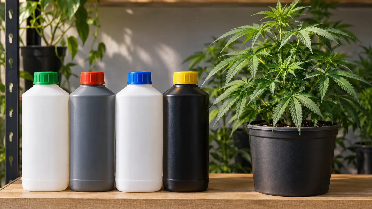Fila de botellas de plástico lisas con tapones de colores sobre una balda, junto a una planta joven y frondosa en una maceta Fila de botellas de plástico lisas con tapones de colores sobre una balda, junto a una planta joven y frondosa en una maceta