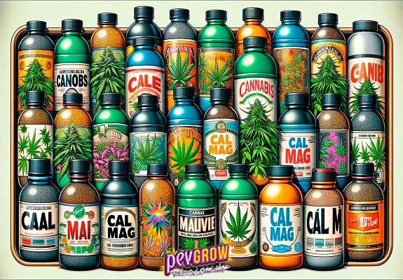 Ilustración de numerosos botes de distintos tamaños y colores, con etiquetas Cal Mag y dibujos de hojas y flores de cannabis.