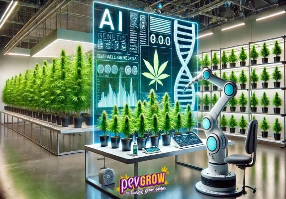 Escena ilustrada de un brazo robótico junto a plantas de cannabis y una pantalla luminosa con una hélice de ADN y gráficos. Escena ilustrada de un brazo robótico junto a plantas de cannabis y una pantalla luminosa con una hélice de ADN y gráficos.