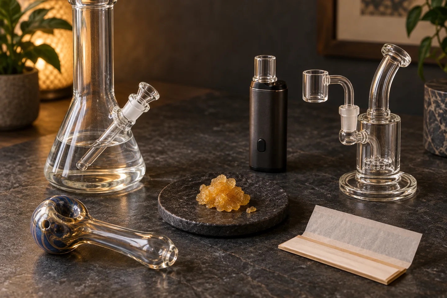 Sobre una mesa oscura, un bong, una pipa, un vaporizador negro, un rig de vidrio, papel de liar y una sustancia granular dorada en un plato. Sobre una mesa oscura, un bong, una pipa, un vaporizador negro, un rig de vidrio, papel de liar y una sustancia granular dorada en un plato.