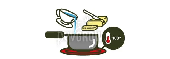 Ilustración de agua vertida desde una taza hacia un cazo al fuego, junto a mantequilla y un termómetro con la indicación 100°. Ilustración de agua vertida desde una taza hacia un cazo al fuego, junto a mantequilla y un termómetro con la indicación 100°.