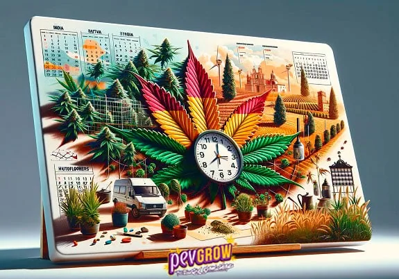 Ilustración de un calendario con una gran hoja multicolor de cannabis, un reloj central, plantas y escenas de cultivo. Ilustración de un calendario con una gran hoja multicolor de cannabis, un reloj central, plantas y escenas de cultivo.