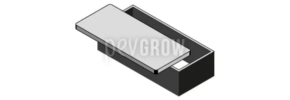 Dibujo en perspectiva de una caja rectangular negra con la tapa gris levantada parcialmente, que deja ver el interior.