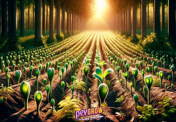 Ilustración de hileras de plántulas verdes en surcos de tierra, entre árboles altos y con luz dorada al fondo.
