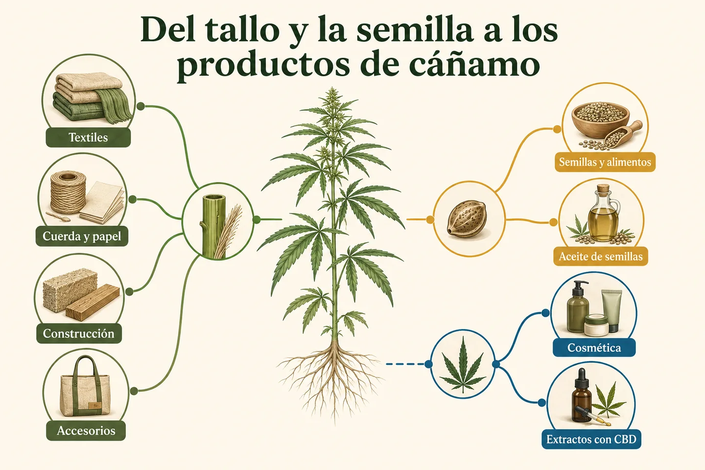 Infografía de una planta de cáñamo que conecta tallo, semillas y hojas con textiles, alimentos, cosmética y otros productos.