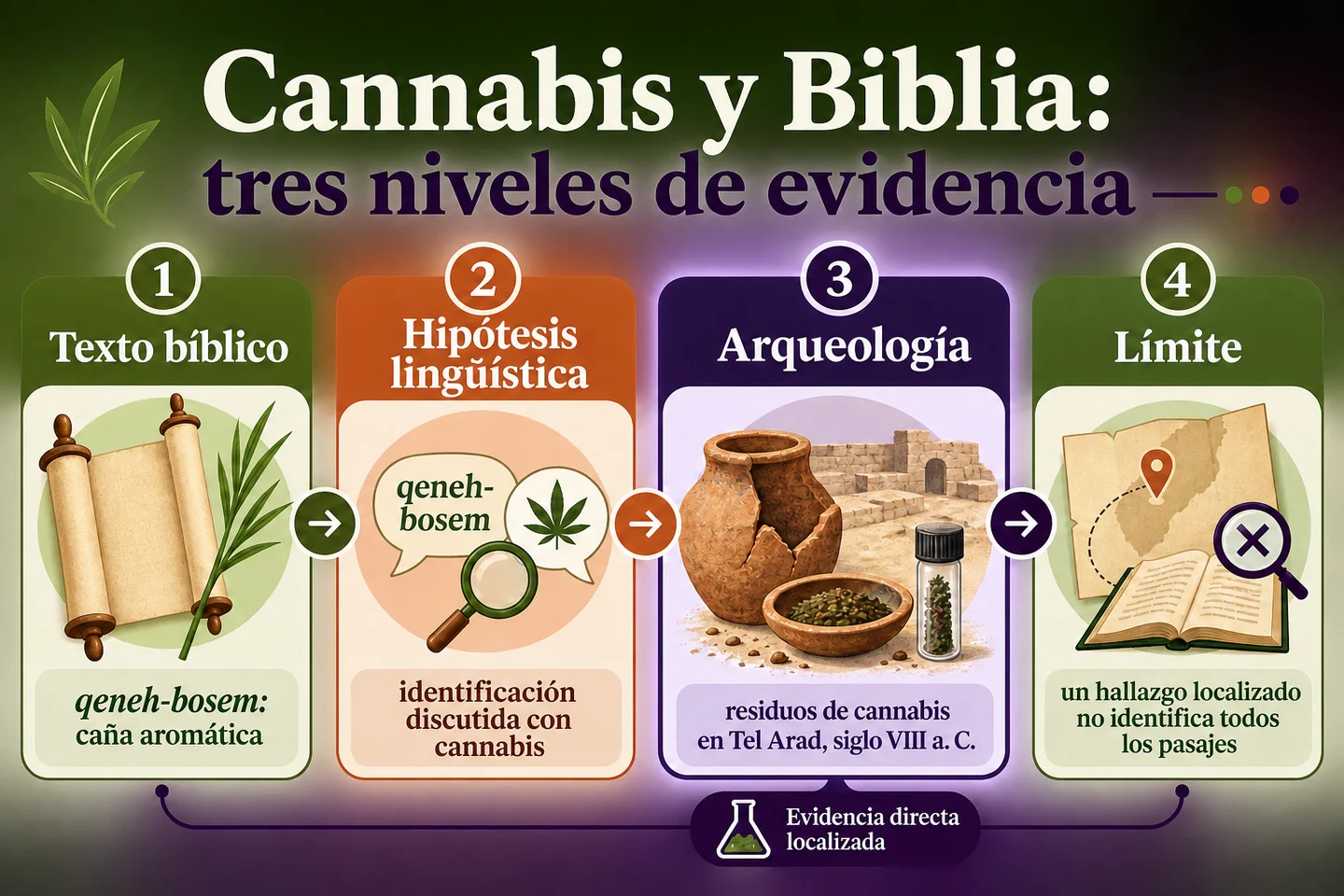 Infografía «Cannabis y Biblia» con cuatro bloques: texto bíblico, hipótesis lingüística, arqueología y límites de la evidencia. Infografía «Cannabis y Biblia» con cuatro bloques: texto bíblico, hipótesis lingüística, arqueología y límites de la evidencia.